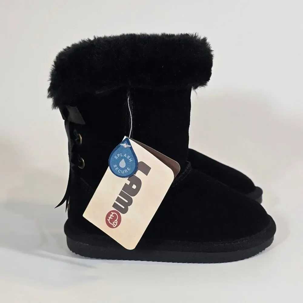 AS Lamo Audrey Short Boots NWT Size 11 Toddler Girl Black Snow Winter Ribbon Bow - Picture 2 of 7